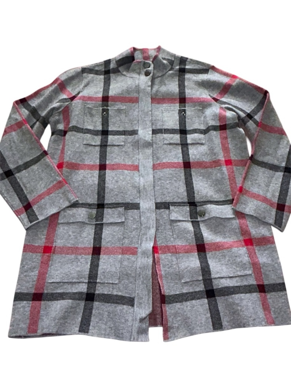 Anne Klein Gray Red Black Plaid Zip Front Cardigan Sweater Jacket L - Defect